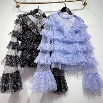 

Vintage Women Shirt Stand Collar Flare Long Sleeve Tunic Patchwork Mesh Ruffles Dot Blouse Female Fashion 2020 Tide