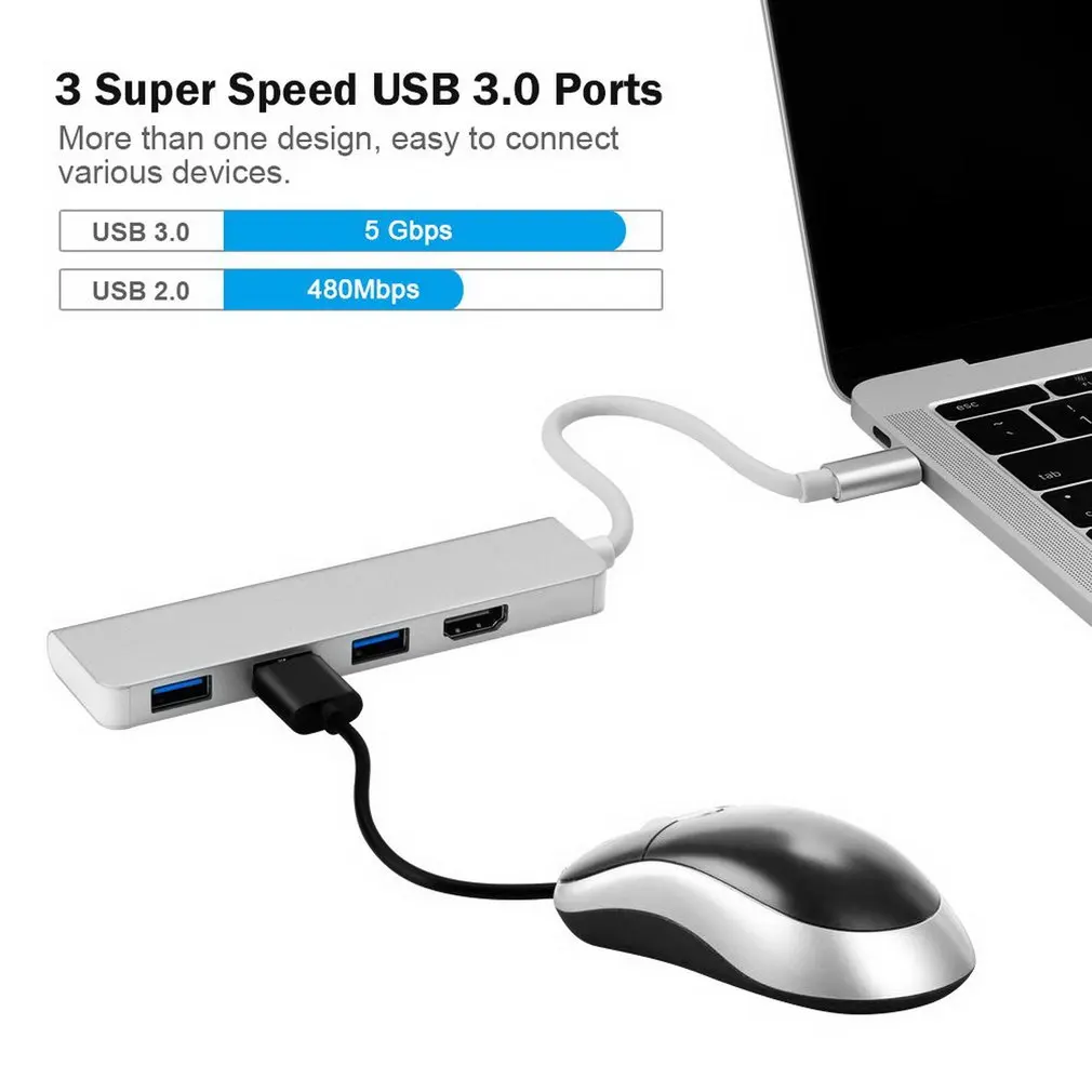 USB-C концентратор type-C адаптер для HDMI 3 USB 3,0, портативный алюминиевый USB C Ключ