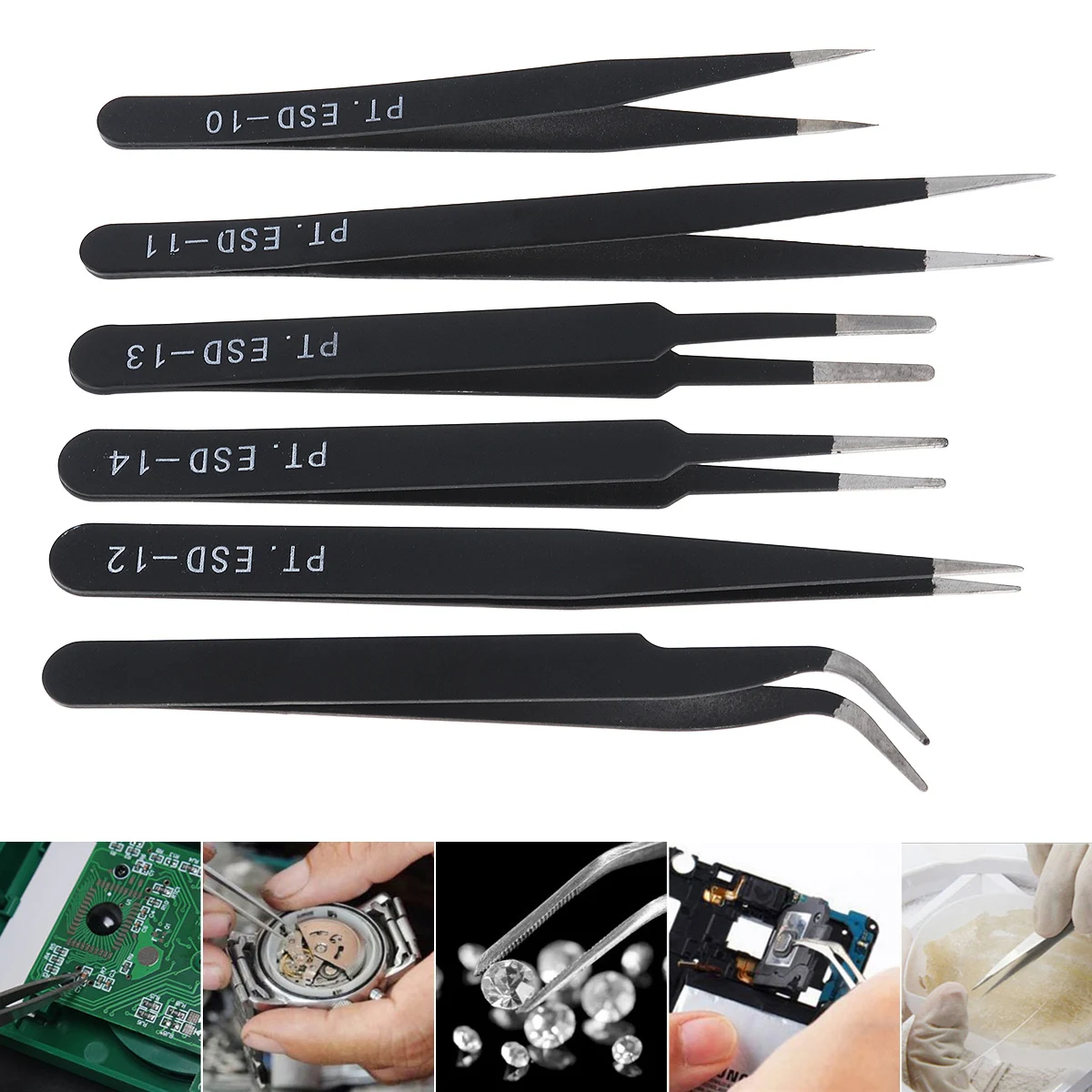 6pcs Stainless Steel Tweezer 1.0MM Anti Static Fix Repair Tool Kit for Electronics Jewelry Fine Craft Mobile phone Sticker Drill
