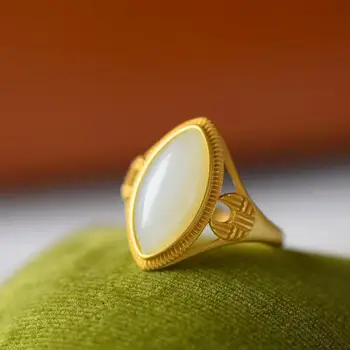 

New natural Hetian white jade horse eye ring female 6A Silver Antique Gold Inlay exquisite elegant new recommended jewelry