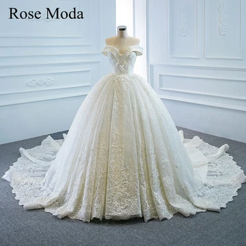 شراءRose Moda فستان زفاف فاخر مكشوف الأكتاف متألق من الدانتيل مع قطار طويل الأميرة الكرة ثوب مخصص