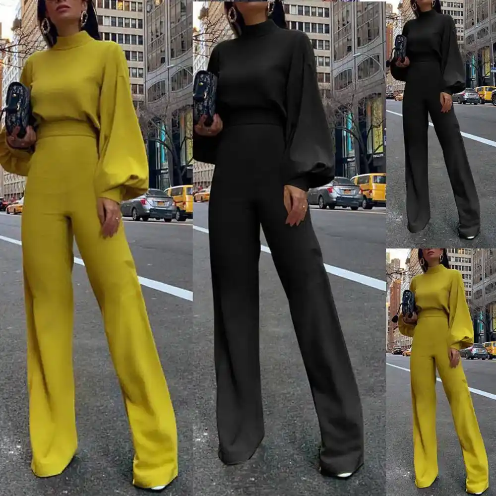 solid lantern sleeve mock neck jumpsuits