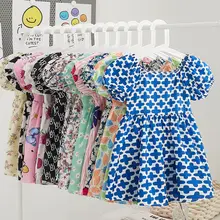Robe de princesse à manches bouffantes pour fille, jupe à col carré français et robe de grande fille en coton à manches courtes, nouvelle collection printemps et été 2021
