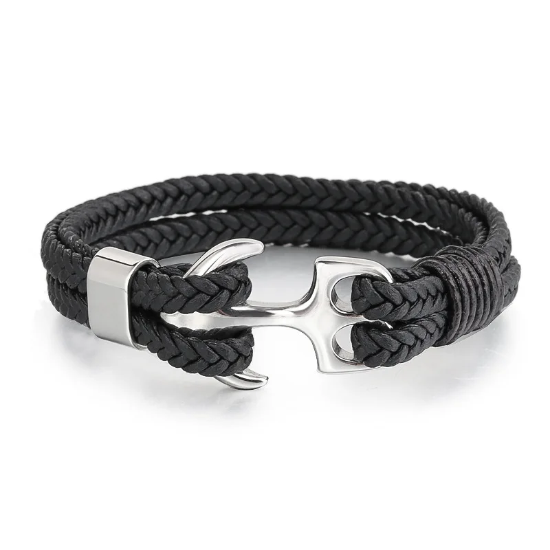 European And American Men's Titanium Steel Bracelet Black Leather Woven Anchor Stainless Steel Bracelet Leather Rope - Image 4