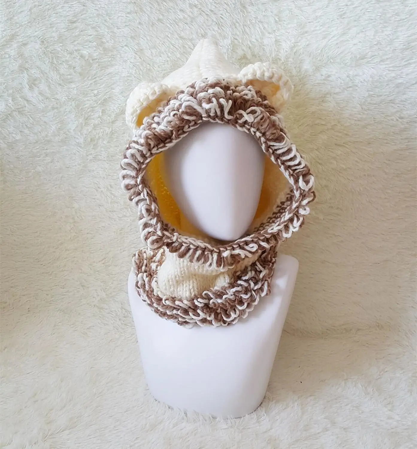 Creamy-white Осень зима Детская шерсть мультфильм животных с кисточкой, в виде медведя кепки воротник теплый - Цвет: Creamy-white