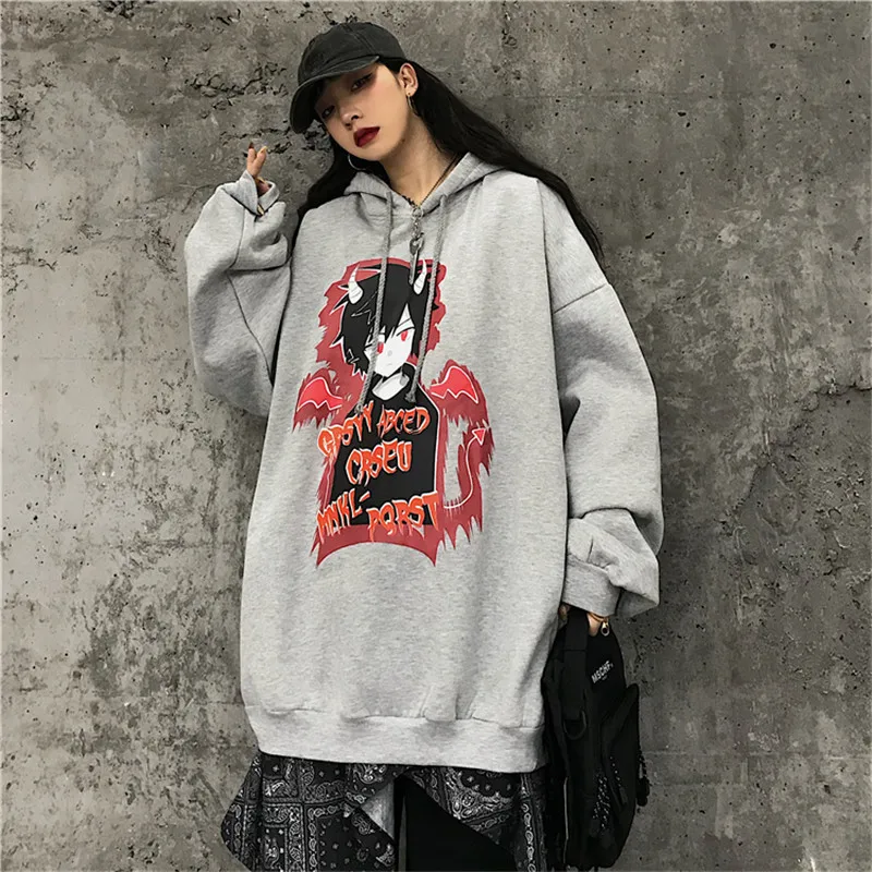 Lychee Harajuku Dark Character Letter Women Fleece Hooded Sweatshirts Spring Autumn Winter Lady Tops Casual Loose Female Hoodies