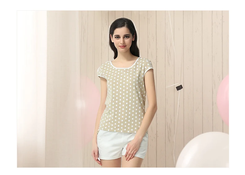 Summer Pyjamas Women Polka Dot Sleepwear Suit Casual Pajama Sets 95%cotton Homedress Set  Short Sleeveles Elastic Waist