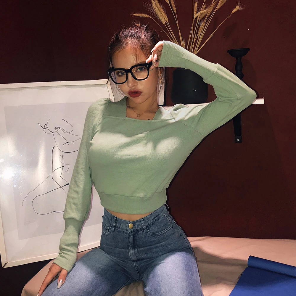 

Hot 2019 autumn and winter new women's super wear basics long-sleeved square collar exposed umbilical French retro slim sweater