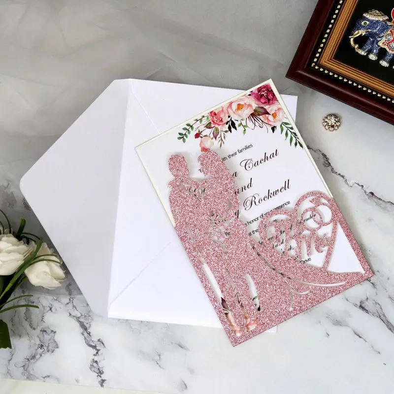  10pcs/set Glitter Laser Cut Paper Mr & Mrs Wedding Invitations Card Party Supplies - 4.00029E+12