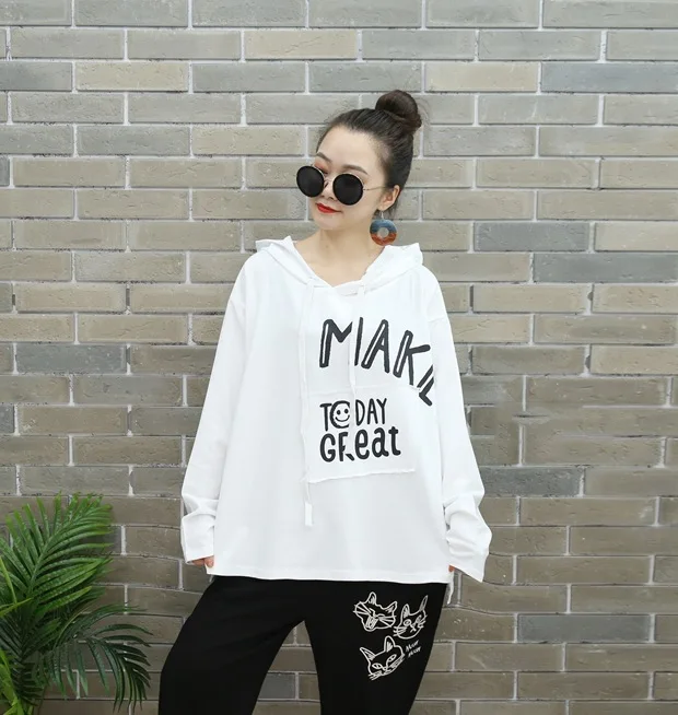 Vefadisa Plus Size Letter Print Women T-shirt 2020 Autumn Hooded Long Sleeve T-shirt Casual Pullover Women T-shirt QYF3716