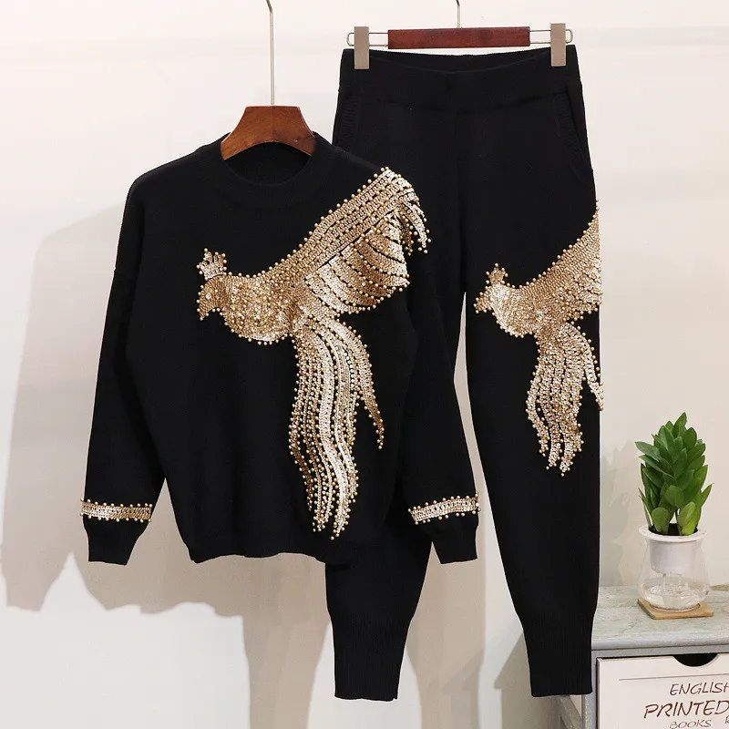 High QQuality Women Autumn Winter Beading Sequined Pattern Long Sleeve Knitted Pullover Tops Trousers 2PCS Clothing Sets - Цвет: black