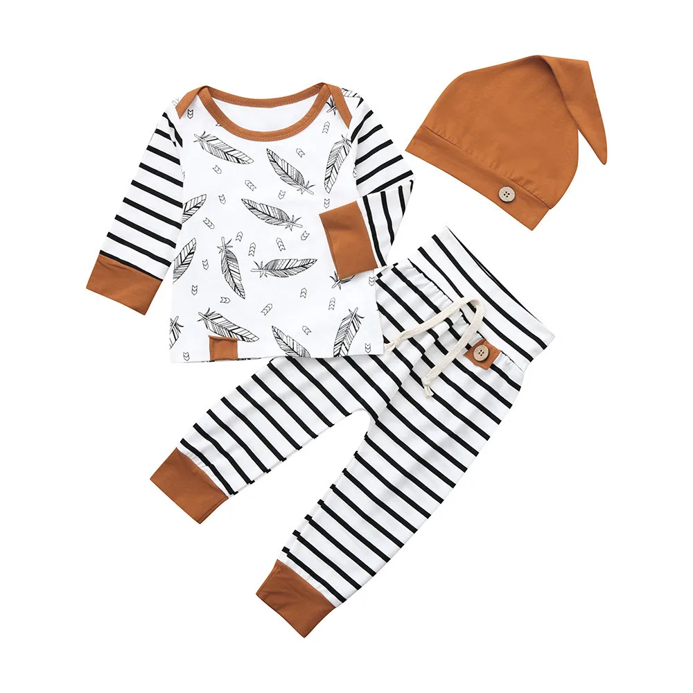Одежда для новорожденных, детская одежда для девочек Одежда для маленьких мальчиков одежда с перьями, футболка Топы и штаны в полоску, полосатые штаны Z4