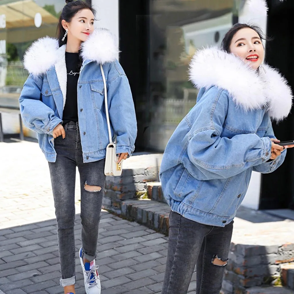 Women Denim Jacket Winter Thicken Fleece Outdoor Coat Faux Fur Collar Hooded Long Sleeve Denim Female Windproof Outwear#BL40