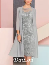 Two Piece Mother of the Bride Dress Plus Size Vintage Sexy Jewel Neck Tea Length Chiffon 3/4 Length Sleeve with Lace 2021