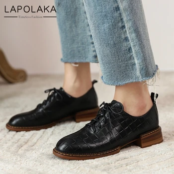 

Lapolaka New Arrivals Genuine Cow Leather Lace-Up Shoes Woman Pumps Thick Heels Top Quality Office Lady Pumps Female