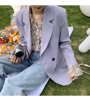 

Bella Philosophy Korean Fashion Chic Casual Jacket Women Blazer Female Purple Pockets Coat Vintage Notched Office Lady Outwears