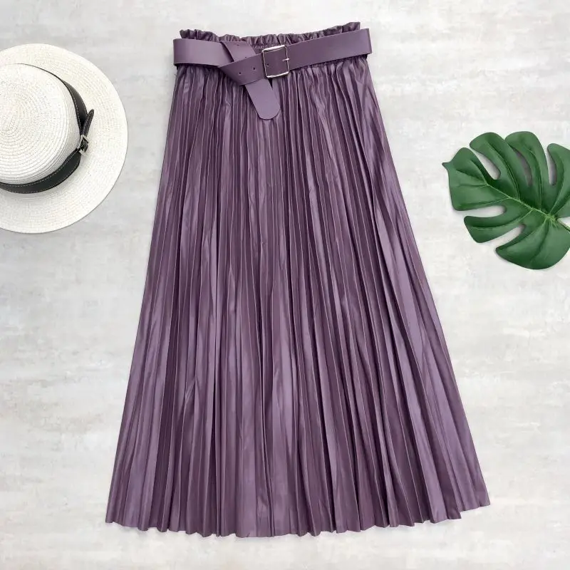 Neophil Women PU Faux Leather Runched Belt Skirts Paperbag Bud Waist Wavy Pleated Latex Crinkle Female Winter Long Skirt S21803