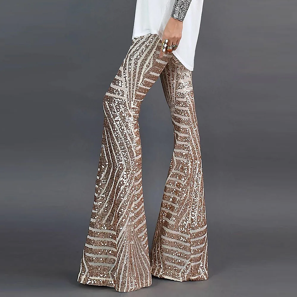 Sexy Black Silver Sequin Flare Pants High Waist Party Trousers Club XMAS Pants Outfit Streetwear Glitter Wide Leg Long Bell Pant
