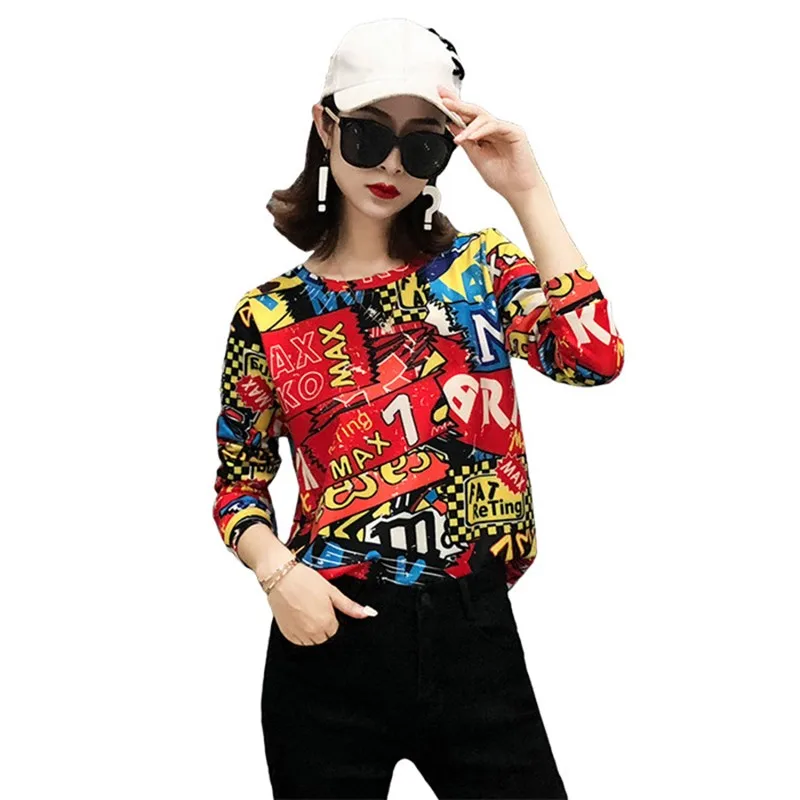 

T-Shirts 2020 New Autumn winter Women cotton T-Shirt Graffiti print Loose Base Casual Long Sleeve O-Neck Streetwear Tees Tops
