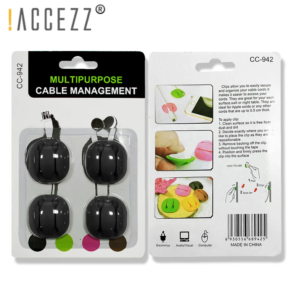 

!ACCEZZ New 4Pcs/set Car Cable Organizer 2 holes USB Charger Cable Winder Clips Desktop Tidy Management Cord Line Fixed Clamp
