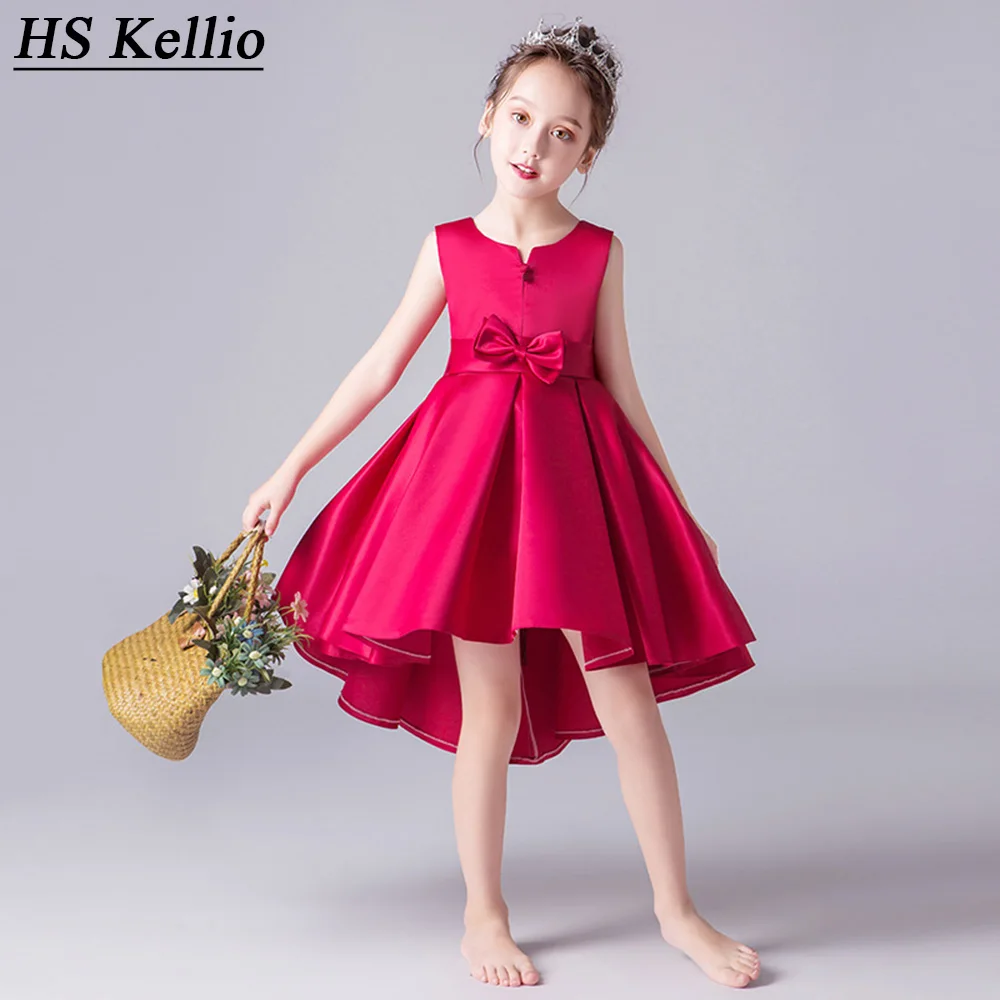 HS Kellio/платье с цветочным узором для девочек, красное вино, с бантом, атласные свадебные вечерние платья для маленьких девочек