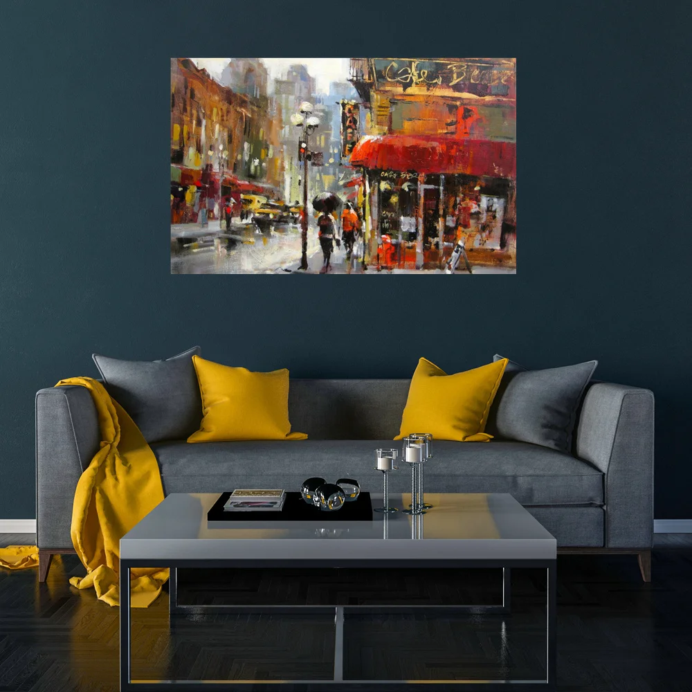 

Handmade Office Decor Cafe Rainy Day Handpainted Oil Knife Painting Canvas Vintage Home Decor Living Room Wall Art Drop Shipping