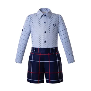 

Pettigirl Blue Boys Clothes Outfit Blue Shirt And Grid Shorts With Button Kids Clothes B-DMCS208-237