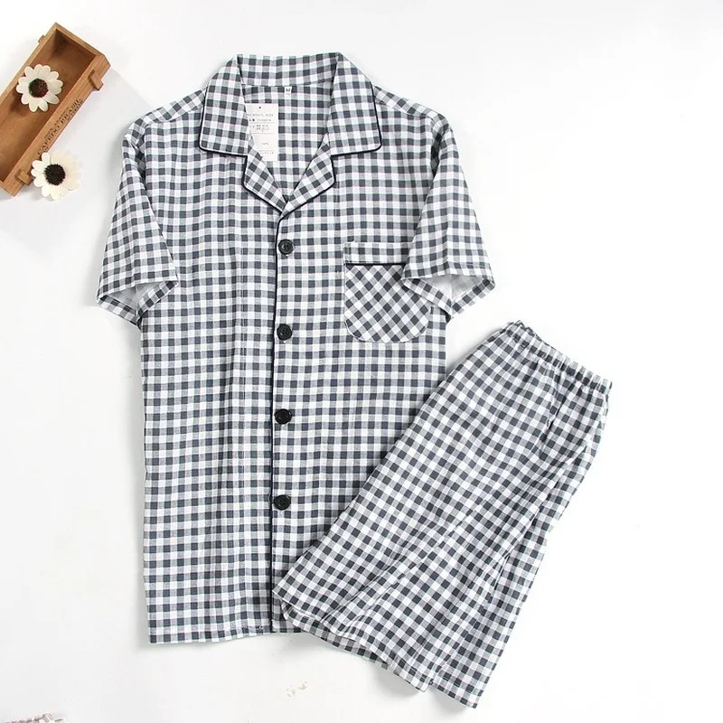 Pajamas set man pajamas set men's short-sleeved summer cotton yarn nightwear plaid turn-down collar men pajama sets plus size