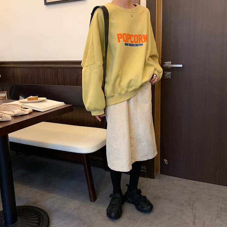 Большой Размер Уличная Корейская толстовка с круглым вырезом и буквенным принтом Длинная зимняя куртка женская японская женская Толстовка Пуловер серый желтый