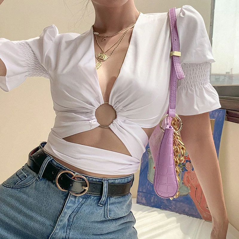 2020 summer new short-sleeved V-neck straps hollow slimming exposed navel casual T-shirt | Женская одежда
