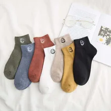 Весенние и летние тонкие короткие хлопковые носки с вышивкой в виде смайлика, женские носки-башмачки