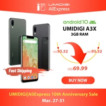 UMIDIGI A3X Android 10 Global Version 3GB RAM 5.7 "สมาร์ทโฟน Dual กล้องด้านหลัง 13MP Selfie MT6761 DUAL 4G Triple สล็อต 3300mAh(China)