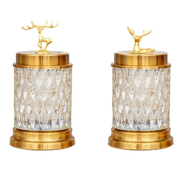 

2x Crystal Glass Canned Sugar Cans Deer Head Storage Bottle Candy Box Cotton Swab Jar Household Storage Tank B & A