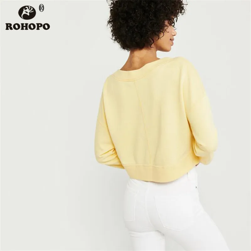 ROHOPO Осенняя женская желтая хлопковая однотонная укороченная Толстовка шикарный женский пуловер Толстовка#251