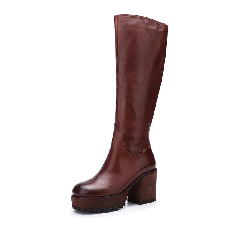 Fashion Ladies Knee High Winter Boots Genuine leather Boots Woman Zip Women Thigh High Boots Shoes High heels Platform Boots - Цвет: Brown