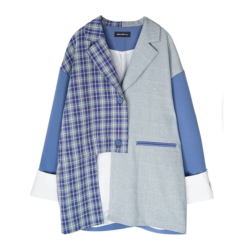 Осеннее Оригинальное синее лоскутное Свободное пальто Gloria& Grace с клетчатым принтом, блейзер, куртка, верхняя одежда