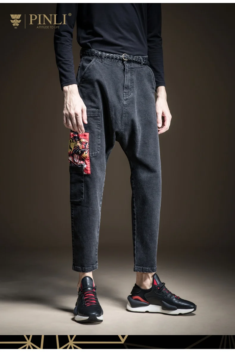 PINLI Pinli осень 2019 Новая мужская одежда с принтом свободные джинсы Hallen B193316142