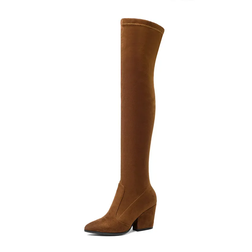QUTAA/ г. Ботфорты на высоком квадратном каблуке зимняя женская обувь пикантные высокие сапоги из эластичной ткани с острым носком большой Size34-43 - Color: Orange