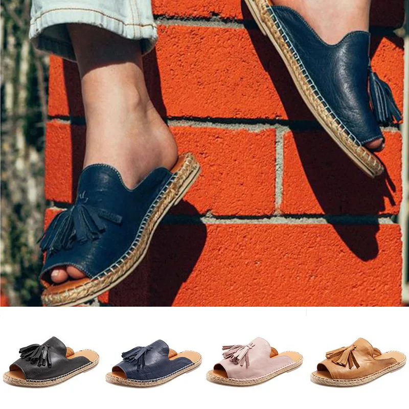 

Women Summer Beach Slippers Women 2020 Comfort Tassels Female Casual Flax Slip On Slipper Sandals Indoor Outdoor Shoes Plus Size