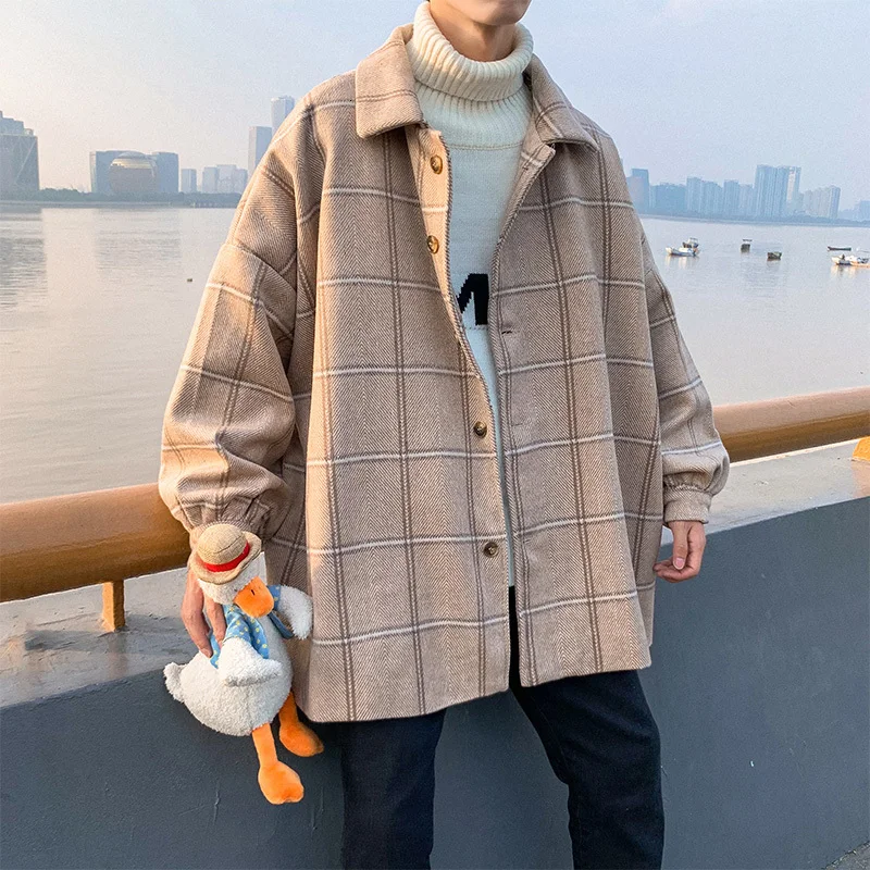 Deals Autumn Woolen Jacket Men's Fashion Retro Casual Tartan Woolen Coat Man Streetwear Wild Loose Male Jackets Men Outwear M-2XL