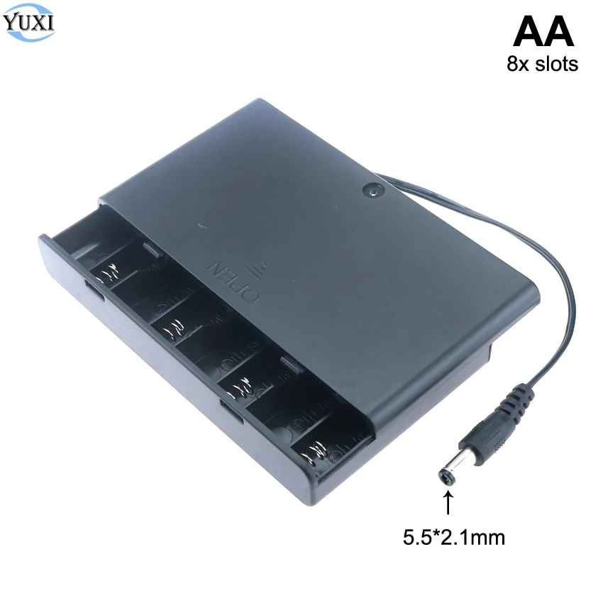 YuXi AA Battery Case Storage Box Enclosed Holder 8x slots 12V with DC 5.5*2.1 mm Power Jack Male Plug Cover Wire Lead |