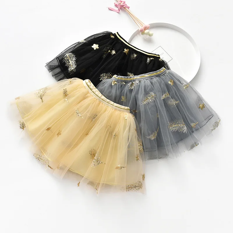 Сетчатые мини-юбки Милая юбка-пачка Kawaii для девочек Летняя детская балетная юбка принцессы с вышивкой перьев для танцев на день рождения