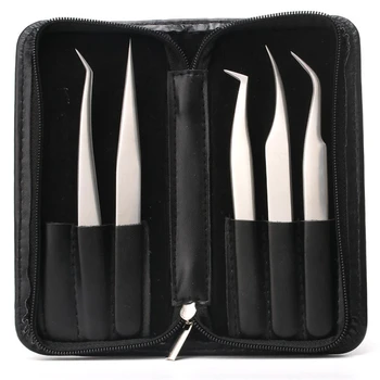 

5pcs Stainless Steel Anti-Static Eyelash Tweezers Tool Kit With Leather Case Grafting Eyelash Extension Tweezers Eyebrow Forceps