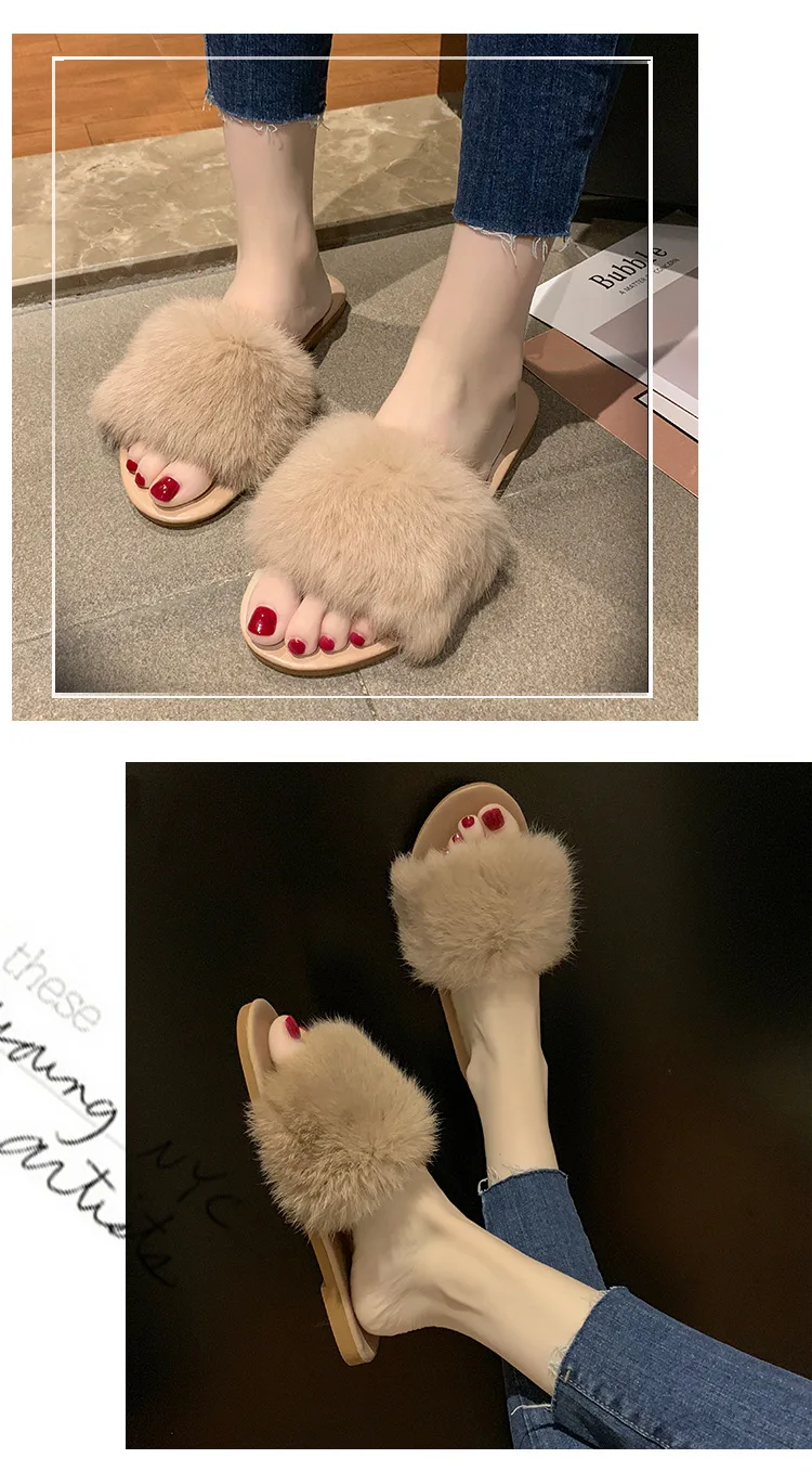 Slippers Female Flat Wear Outside Girl Heart Autumn and Winter New Color Rabbit Hair Home Non-slip Slippers