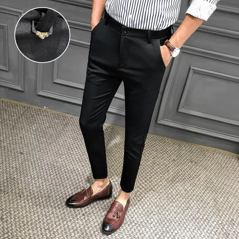 BLACK Gzdeerax, однотонные мужские брюки, Роскошные, деловые и повседневные, длина по щиколотку, мужские брюки, облегающие, для ночного клуба, мужские брюки - Цвет: BLACK