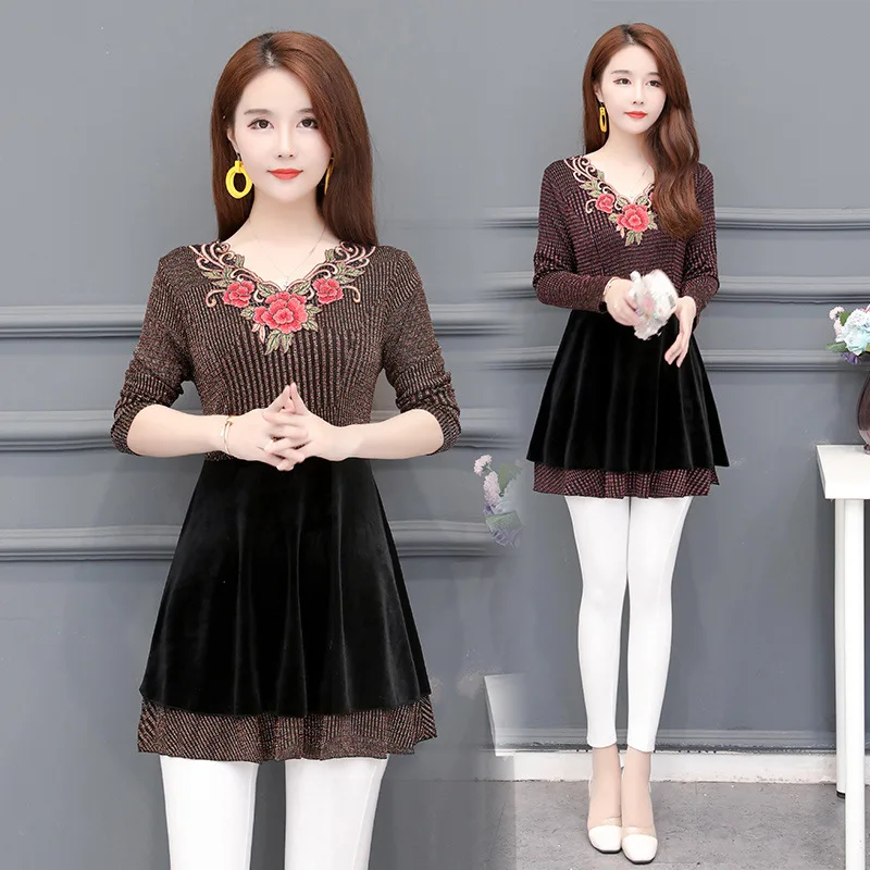 WOMEN'S Dress Middle-aged Middle-aged Women Dress Gold Velvet Base Shirt Autumn Clothing Lace Joint Embroidered Long Sleeve WOME