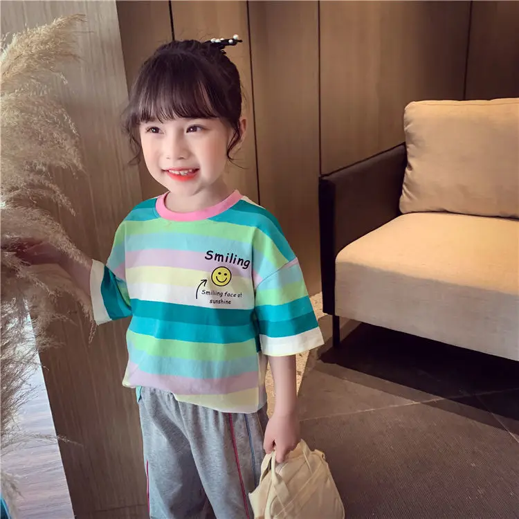 supreme shirt Girls short sleeve T-shirt summer smile face children's leisure half sleeve cotton t-shirts children's striped tees P5156 vintage t shirts