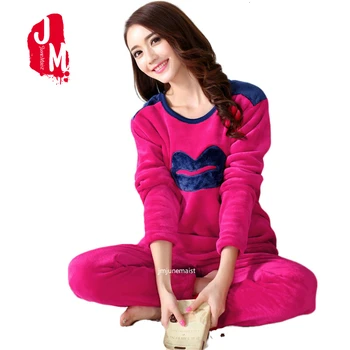 

Winter Women Pajama Set Long Sleeve Thick Flannel Coral Fleece Soft Cozy Flower Cartoon Pyjama Warm Sleepwear Set Loungewear Red
