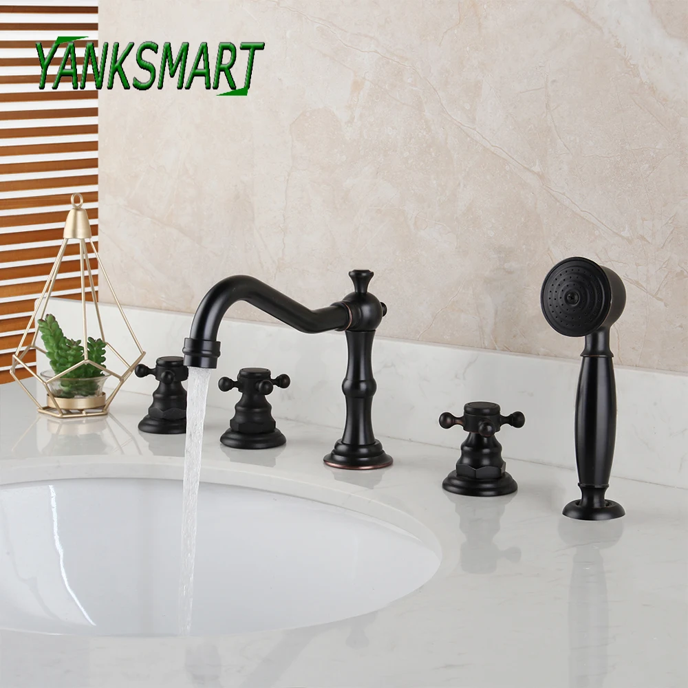 Yanksmart Orb Black Bathroom 5pcs Bathtub Shower Faucets Combo Set Deck Mounted Solid Brass Cold