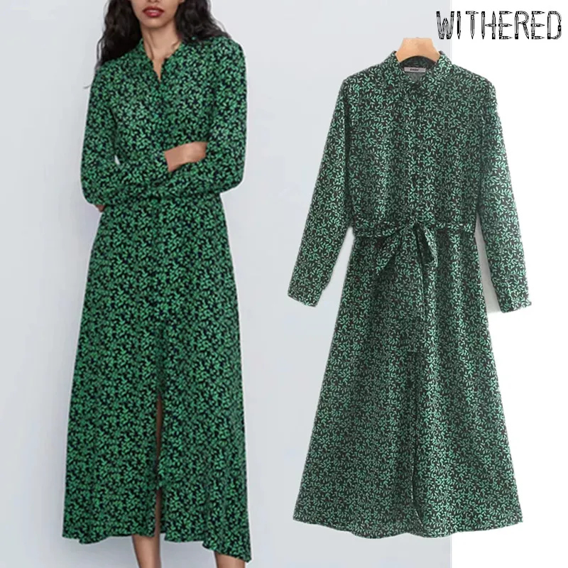 

Withered autumn midi dress women england simple grenn floral print long shirt vestidos de fiesta de noche vestido party dress